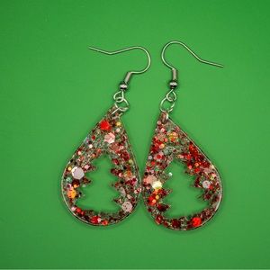 Red and White Glitter 1” Christmas Tree Resin Earrings with silver hooks